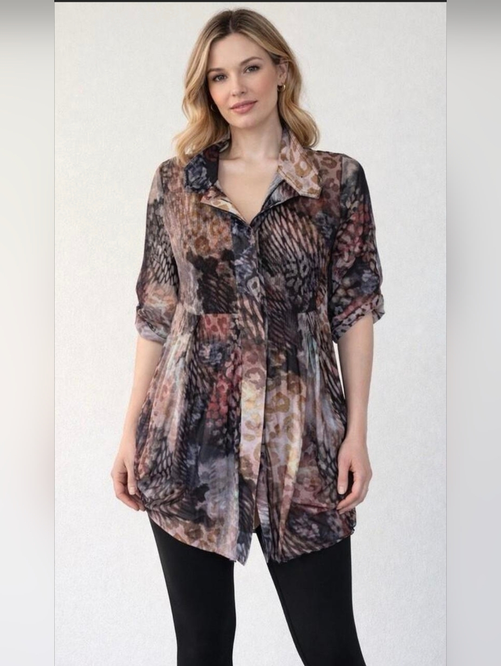 Mixed-Print Flowing Button-Front Tunic in Brown Multi